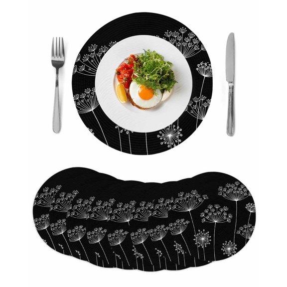Black Dandelion Round 15 Inch Placemats Set of 8, Spring Modern Minimalist Country Flower HeatResistant Non Slip Place Mats for Dining Table, Wipeable Braided Kitchen Table Mats for Housewarming