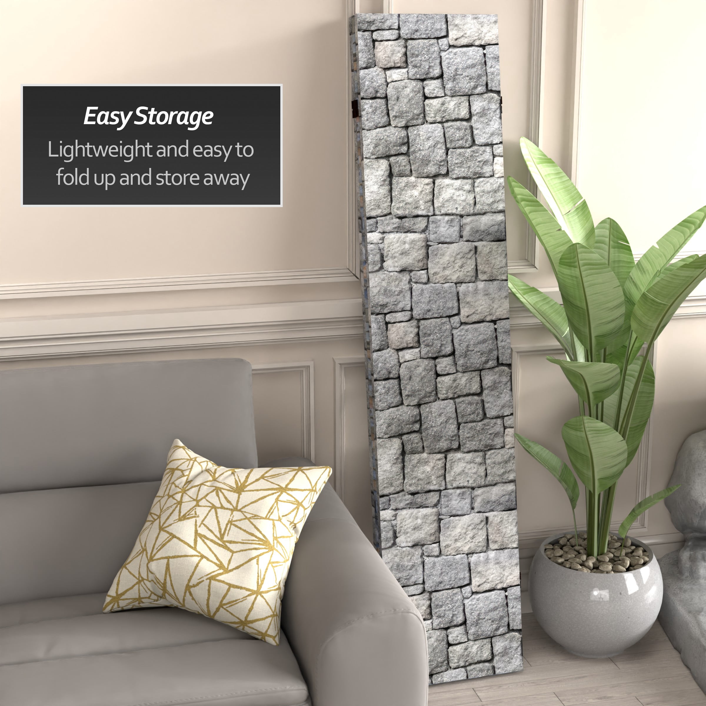Red Lantern 6 ft. Tall Medieval Stone Room Divider - 3 Panels, Canvas, Grey