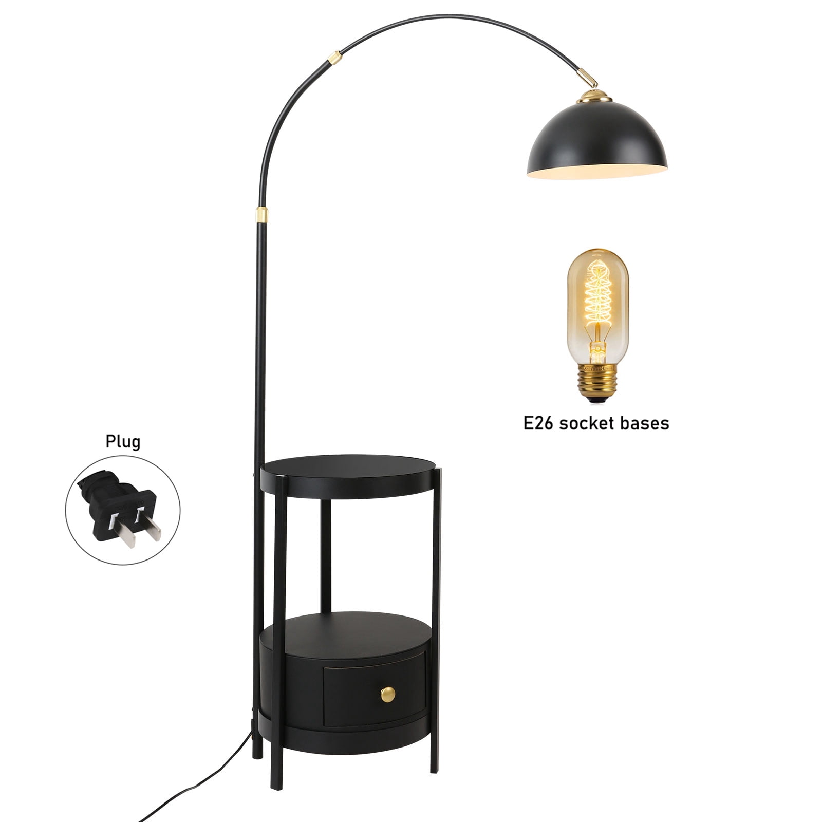 Wildnix Black and Gold Floor Lamp with Round Table, Modern Arched Design, E26 Bulb Support, Foot Switch, Ideal for Living Room & Bedroom