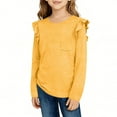 thumbnail image 4 of Girls Yellow Long Sleeve Ruffle Top, Cute Kids Casual Shirt with Pocket, Soft Stretchy Crewneck Tee for School Everyday Wear,Size 5-6 T, 4 of 6