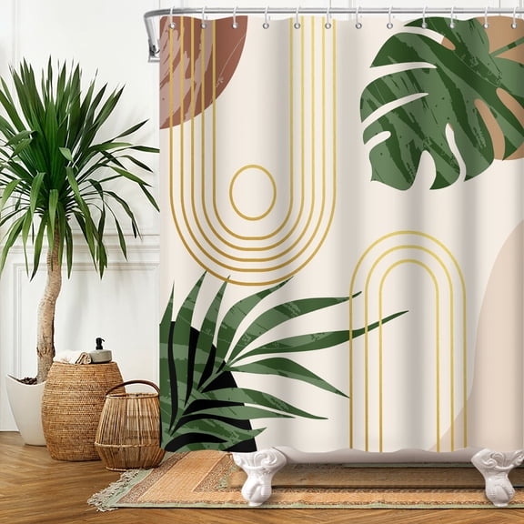 MIZHONA Mid Century Boho Shower Curtain Tropical Leaves Abstract Art Bathroom Curtain with Hooks 72"x72"