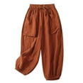 thumbnail image 2 of Conairie Linen Pants Women Straight Leg High Waisted Casual Harem Pants With Drawstring Vacation Palazzo Trousers Outfits With Pockets Orange M, 2 of 3