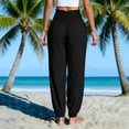 thumbnail image 4 of Womens Smocked High Waisted Pants Summer Casual Loose Wide Leg Palazzo Flowy Beach Trousers with Pockets, 4 of 5
