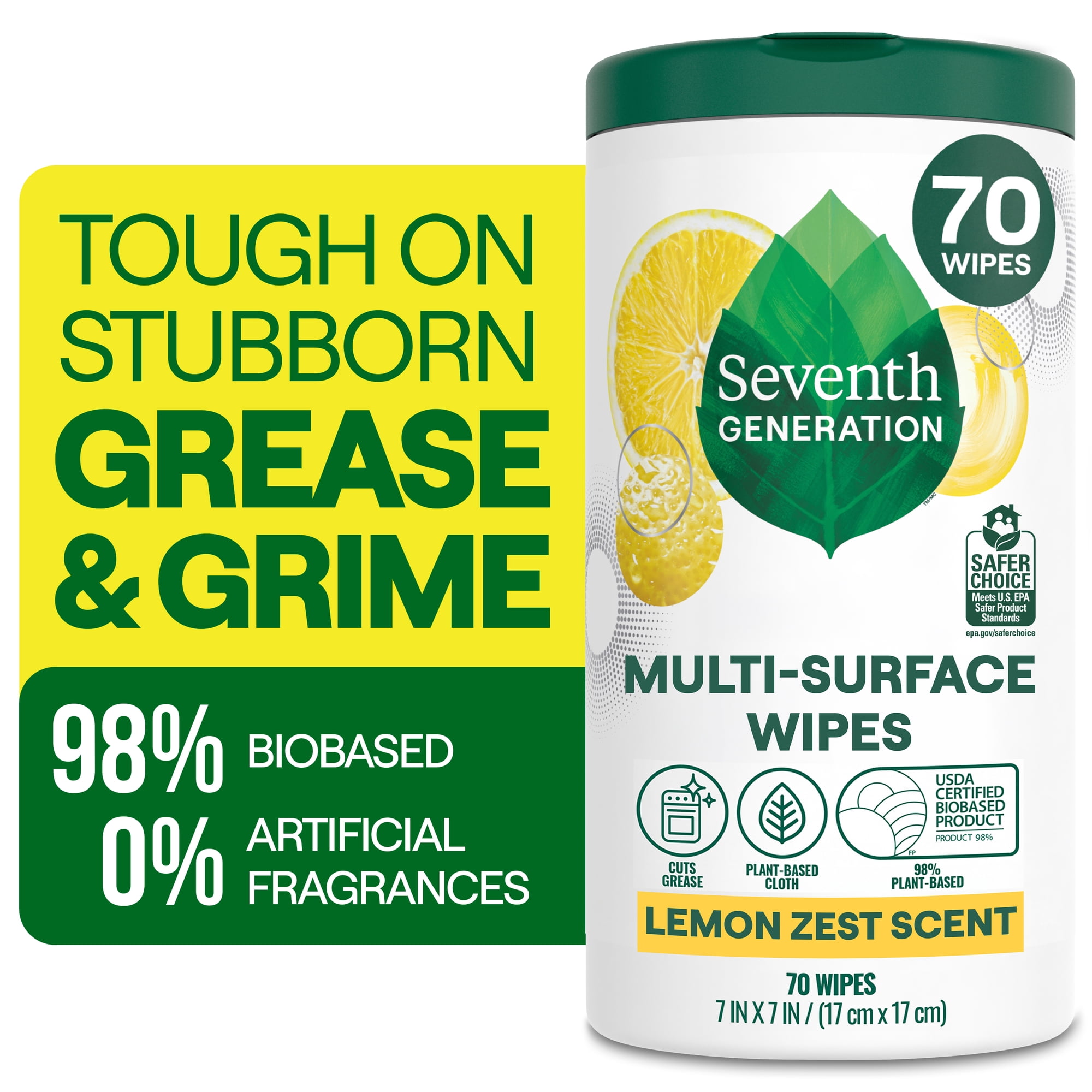 Seventh Generation Multi Surface All Purpose Cleaning Wipes, Lemon Zest, 70 Count