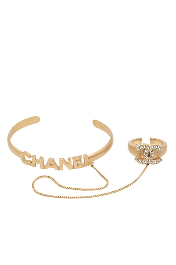 Pre-Owned Chanel Coco Mark Logo Rhinestone Bracelet and Ring Set, Gold Plated,... (Good)
