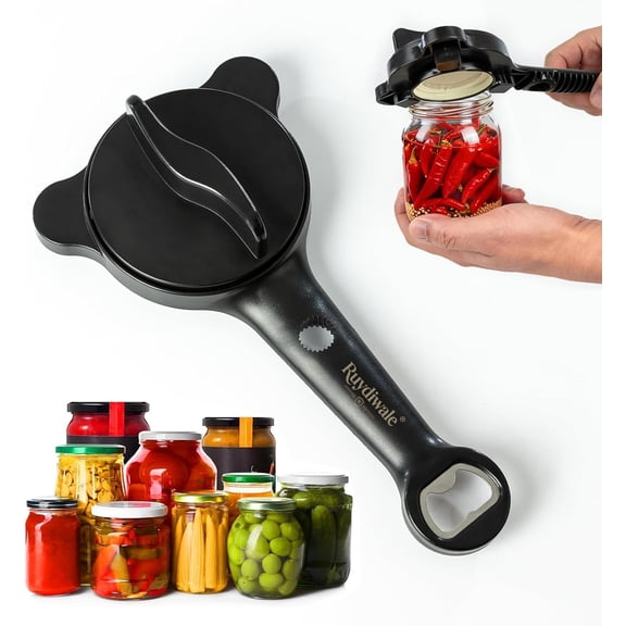 4-in-1 Multi-Purpose Jar Opener - Ergonomic Stainless Steel, Fits 1-3.5 Inch Bottle Caps, Easy Grip for Seniors & Weak Hands, Opens Beer, Sauces, Canned Goods
