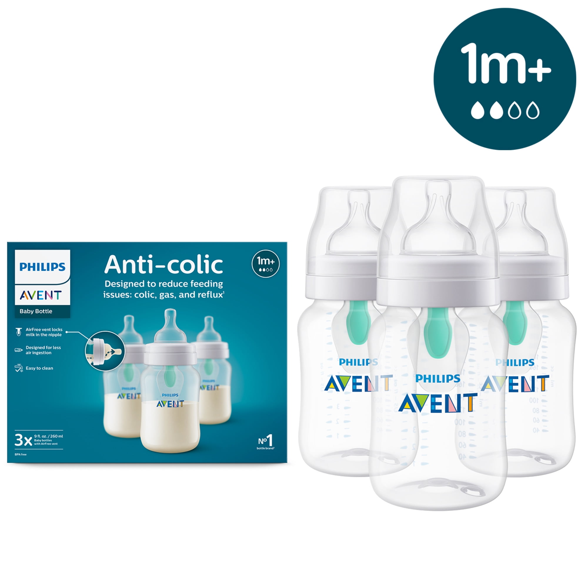 (3 pack) Philips Avent Anti-colic Bottle with AirFree Vent, 9oz, 3pk, Clear, SCY703/03