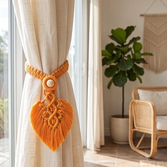Cotton Rope Curtain Tiebacks Boho Macrame Leaf Holdbacks with Wooden Bead Tassel Orange Hand Woven Window Drape Tie Backs for Bedroom Living Room