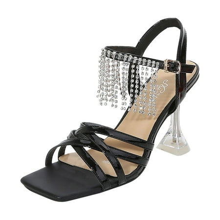 

9 Cm Thin Heels Shoes Women Square Toe Sandals Diamonds Tassels Ankle Straps High Heels Shoes For Women