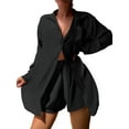 thumbnail image 2 of Mujeres Verano 2 Piezas Ropa Conjuntos Color Sólido Turn-Down Cuello Camisas de manga larga y pantalones cortos de cintura elástica Playa Conjunto de vacaciones Nituyy Conjunto de camisa de color sólido, 2 of 5