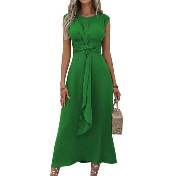 Womens Summer Casual Sleeveless T Shirt Midi Dress Slim Fit Tie Waist Tank Long Dresses 2025 Vacation Sundress Green M