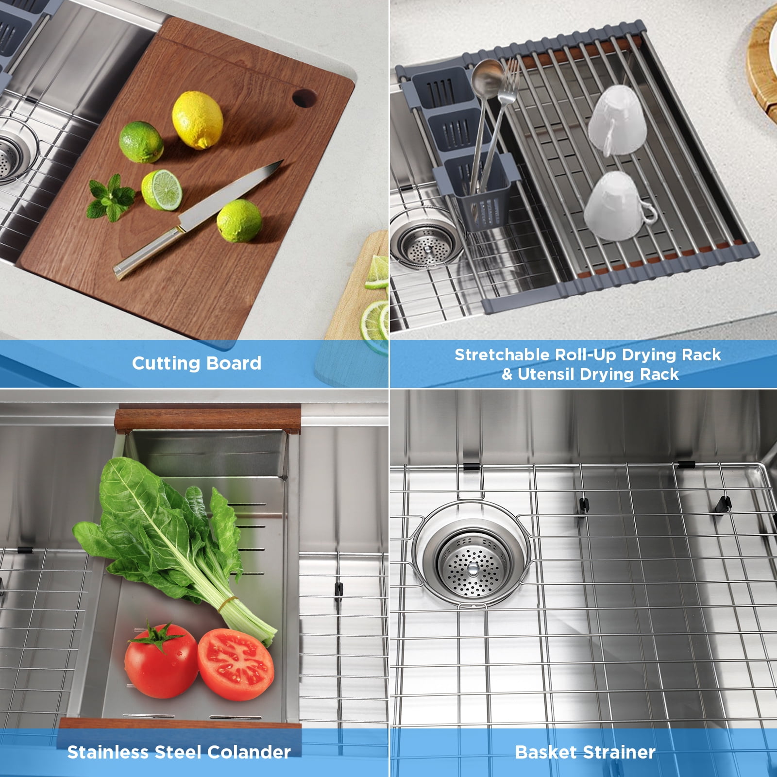 30 Inch Undermount Kitchen Sink Superior Drain Kitchen Sinks 11 Gauge (3mm) Stainless Steel, Single Bowl Integrated Ledge Multifunctional Workstation Set