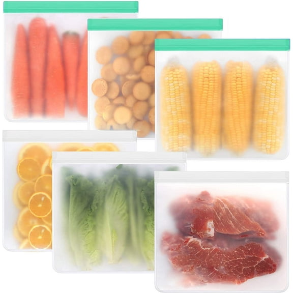 [6 Pack] Reusable Ziplock Bag for Food Storage Fridge Organiser,Sherry Extra Thick Eco-Friendly Leakproof Food-Grade PEVA Freezer Bags,Home Kitchen Organisation Tools & Gadgets（Green - Transparent)