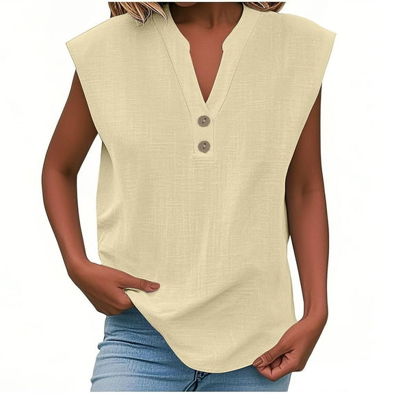 BLVB Summer Linen Work Tops for Women Trendy Button V Neck Short Sleeve Boho Clothes Spring T Shirts for Women