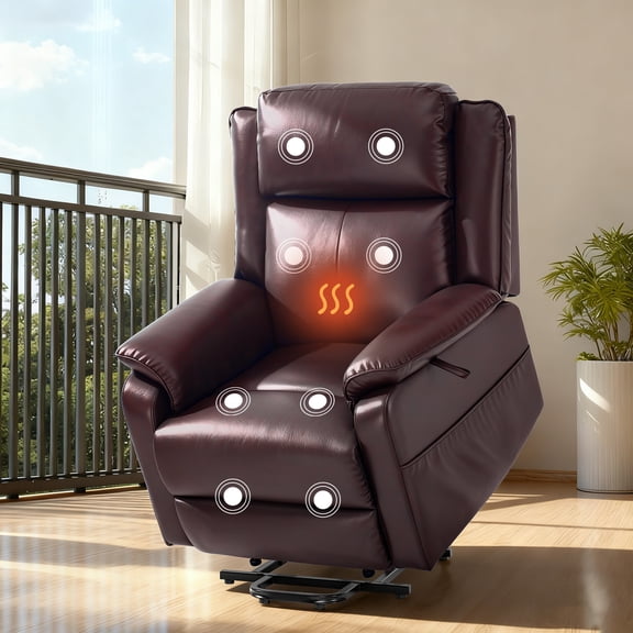 ATHOPE Power Lift Recliner Chair for Elderly 400LBS, Triple Motor Leather Electric Lift Chair with Massage & Heat, Lay Flat Reclining Sofa with Cup Holders, Side Pockets for Living Room, Brown