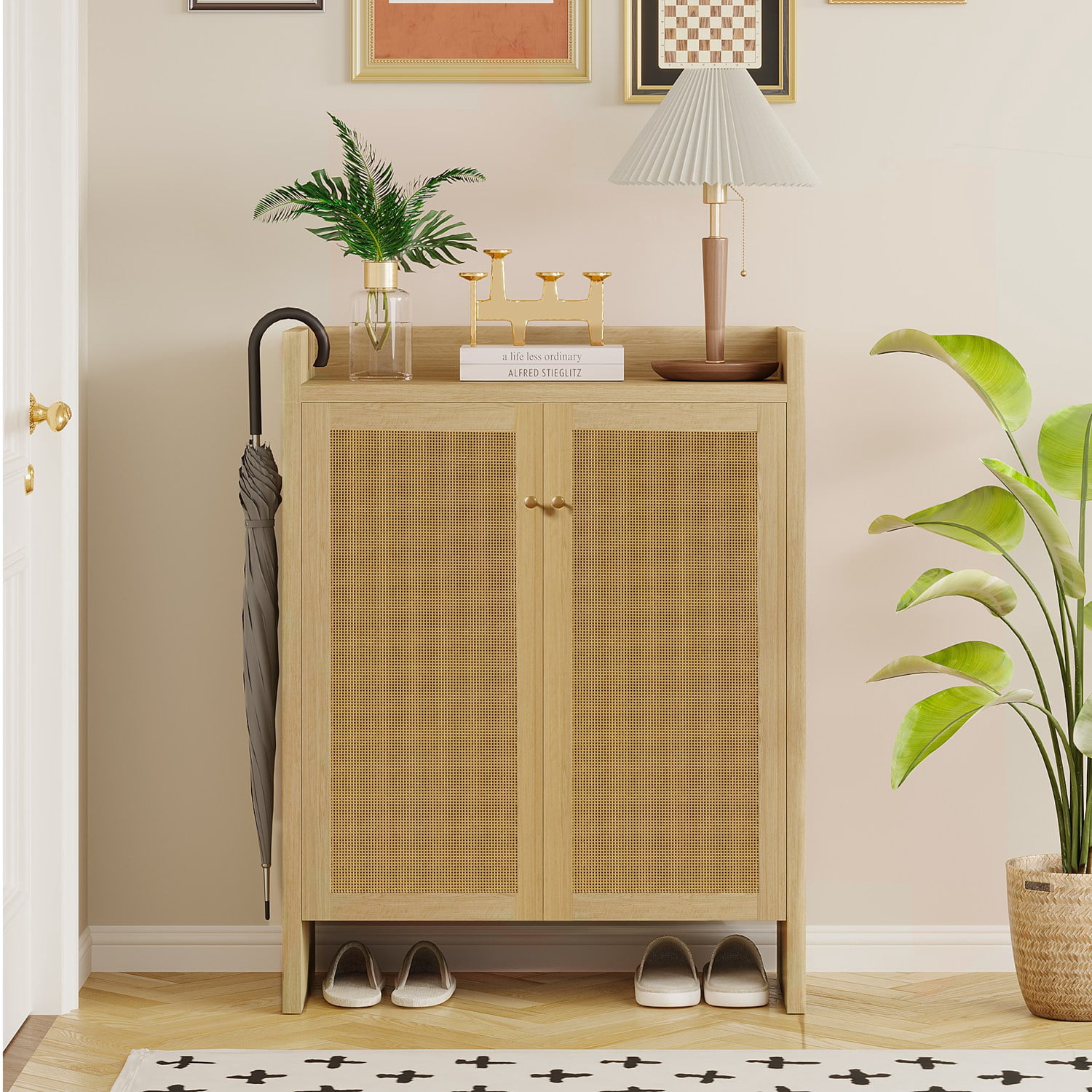 42.5" Tall Rattan Shoe Cabinet with Doors, 6-Tier Wooden Freestanding Shoe Storage Organizer with Adjustable Shelves, Mid-Century Entryway Shoe Cabinet for Hallway & Living Room