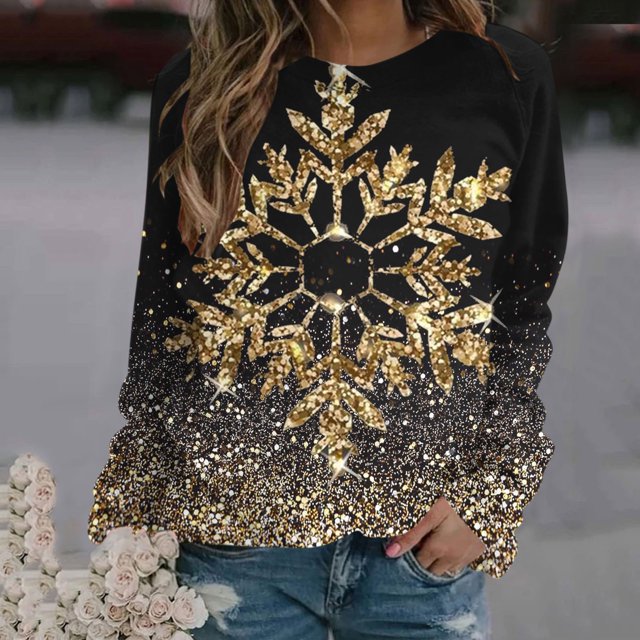Jienlioq Hauts de Sortie pour Femmes Mode de Noël Décontractée Imprimé Col Rond Ample Long Chandail en Molleton Sans Capuche Vendredi Fou Deals