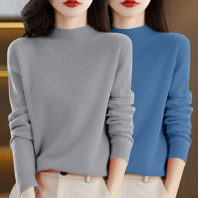 Chandail à Col Rond pour Femmes, Automne et Hiver, 2 Pcs, Couleur Unie, Doux et Confortable