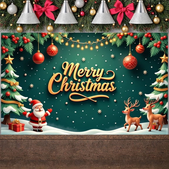 Green Background Christmas Banner Red Ornaments Xmas Display Gold Lettering Snowflake Accents Holiday Backdrop for Christmas Party Indoor Decoration Family Reunion