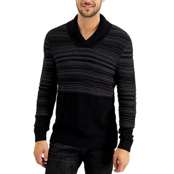 INC Mens Sweater Black Shawl Collar Stripe Knit Pullover $69 