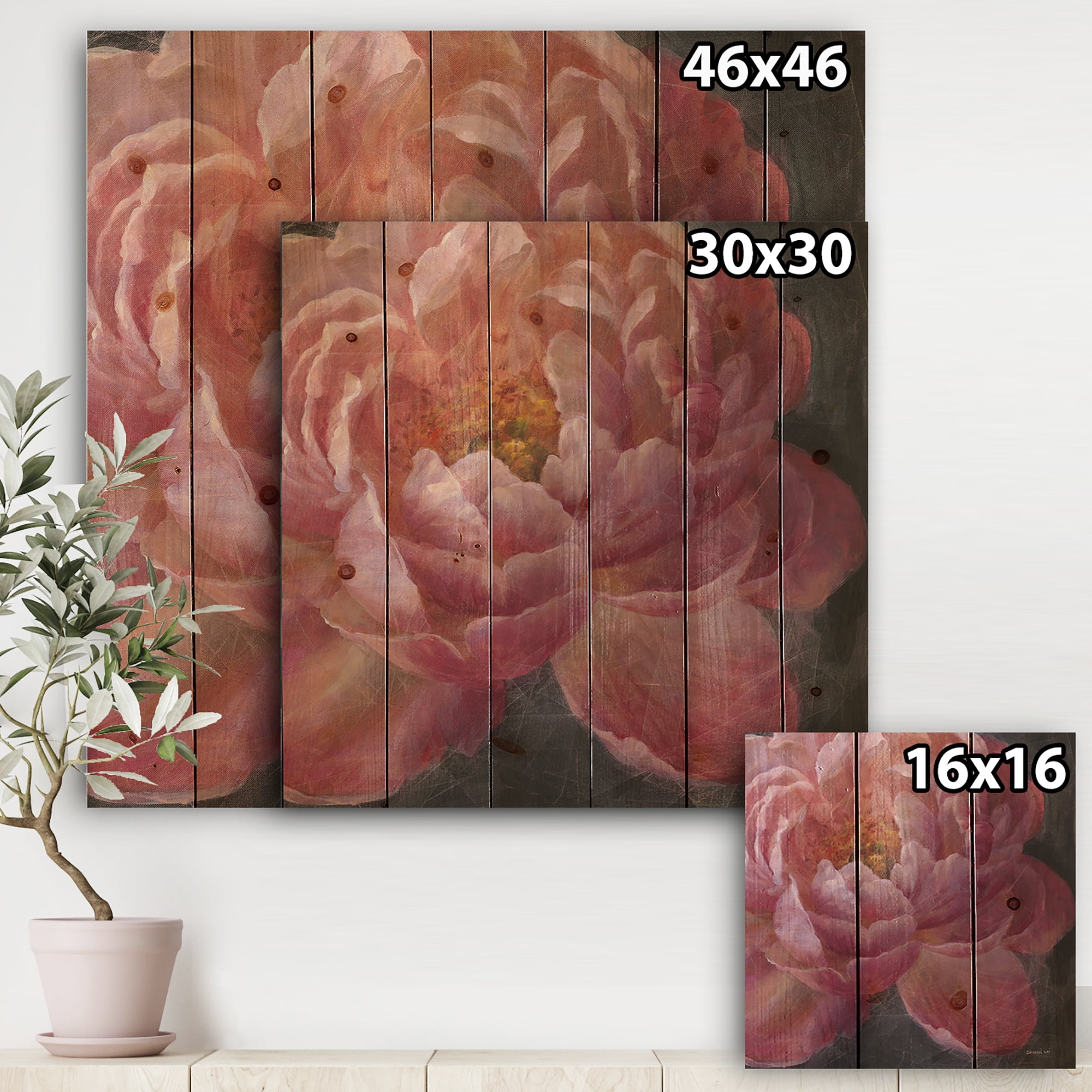Designart 'Vivid Pink Peonies I' Shabby Chic Print on Natural Pine Wood