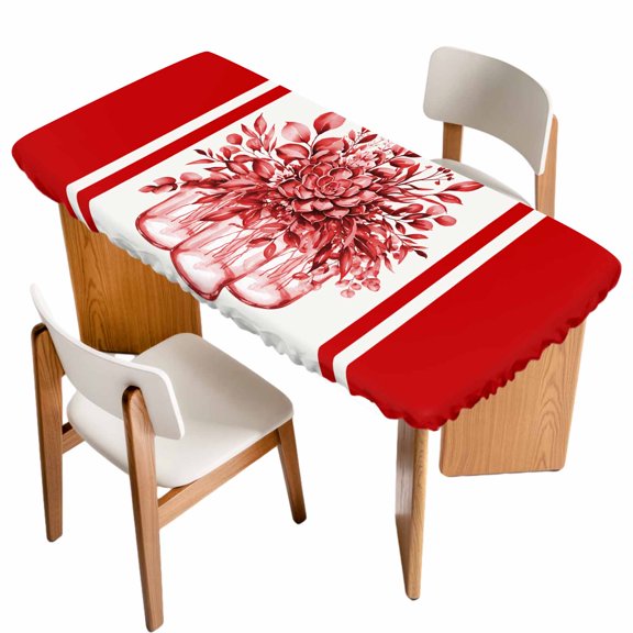 Fitted Tablecloth for 3 ft Rectangle Tables Red Eucalyptus Leaves Table Cover with Elastic Edge Floral Vase Stripes Waterproof Table Clothes for Patio Garden Dinner Party Picnic Indoor Outdoor Decor