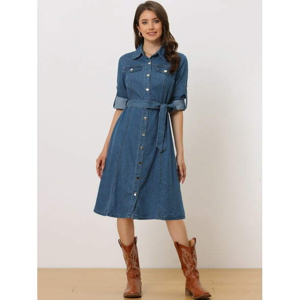 Vestido Camisero de Mezclilla Allegra K con Botones de Manga Larga