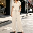 thumbnail image 2 of VBVC Women's Collared V-Neck 2 Piece Lounge Set, Casual Summer Tracksuit Outfit with Drawstring Wide Leg Pants and Pockets,Beige,S-2XL, 2 of 8