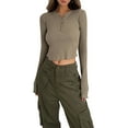 thumbnail image 1 of Fortune Women Slim Crop Pullover Casual Solid Color Long Sleeve Henley Ribbed Tops, 1 of 9