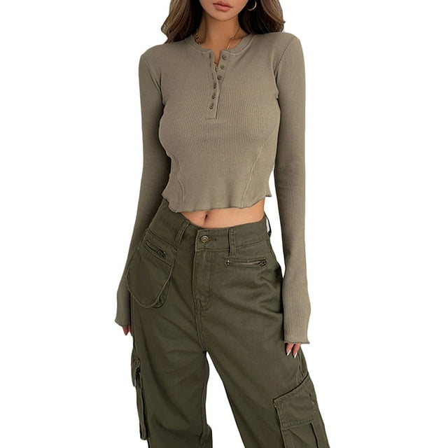 Fortune Women Slim Crop Pullover Casual Solid Color Long Sleeve Henley Ribbed Tops