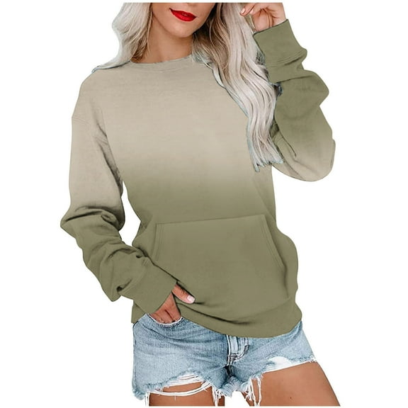 Scyoekwg Sweatshirt for Women Crewneck Sweatshirt with Pocket Long Sleeve Tops for Women Trendy Loose Gradient Color Pullover (Army Green,L)