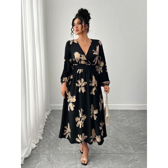 Plus Size Women Floral Print Elegant Crossover Neck Ruched Puff Sleeve Long Dress Fall Cloth For Women