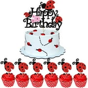 Ladybug Birthday Cake Decorations, Black Glitter Happy Birthday Ladybug Cake for