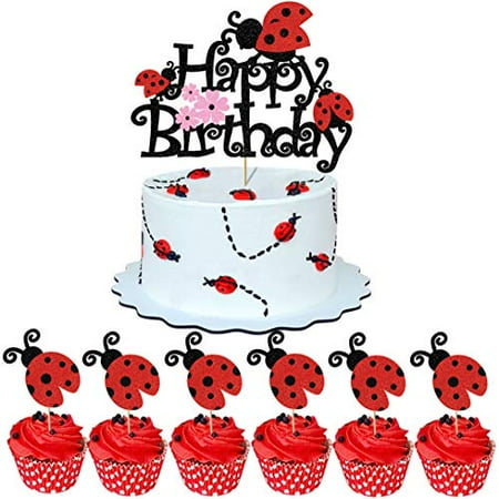 Ladybug Birthday Cake Decorations, Black Glitter Happy Birthday Ladybug Cake for