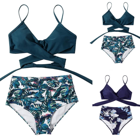 Women's Floral Print Bikini Set Cross Back High Waisted String Two Piece Swimsuit Sexy Beach Bathing Suit for Vacation Summer Pool Party,Green,L