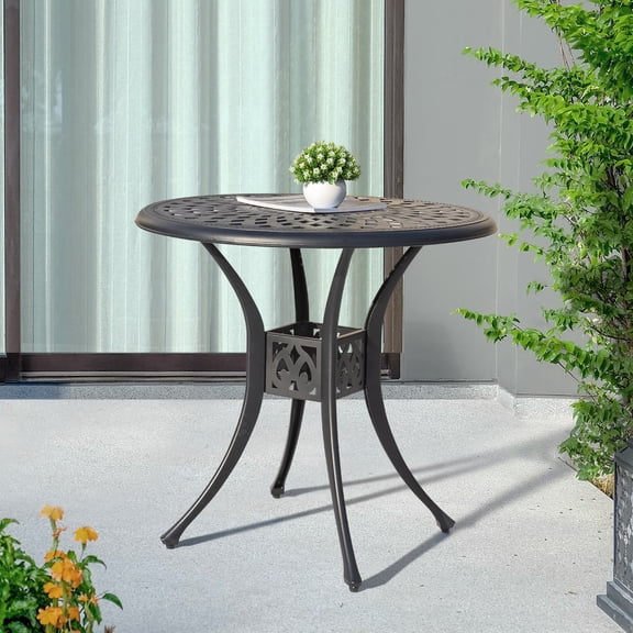 Nuu Garden 30 Inch Patio Dining Table, Cast Aluminum Round Outdoor Table with Umbrella Hole for Patio, Backyard, Deck, Black