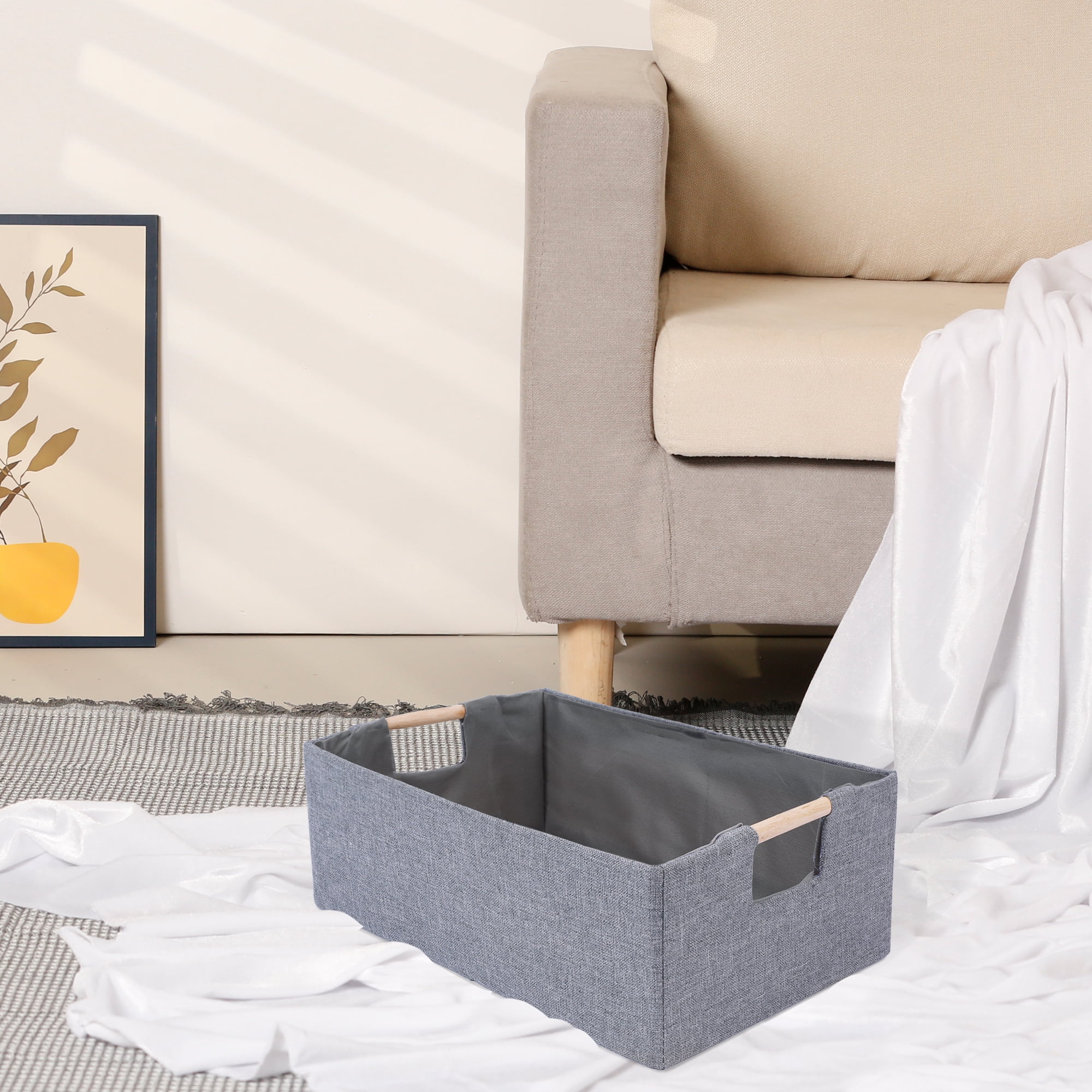 Unique Bargains Foldable Storage Basket with Wood Handles Gray 15*10.6*5.9