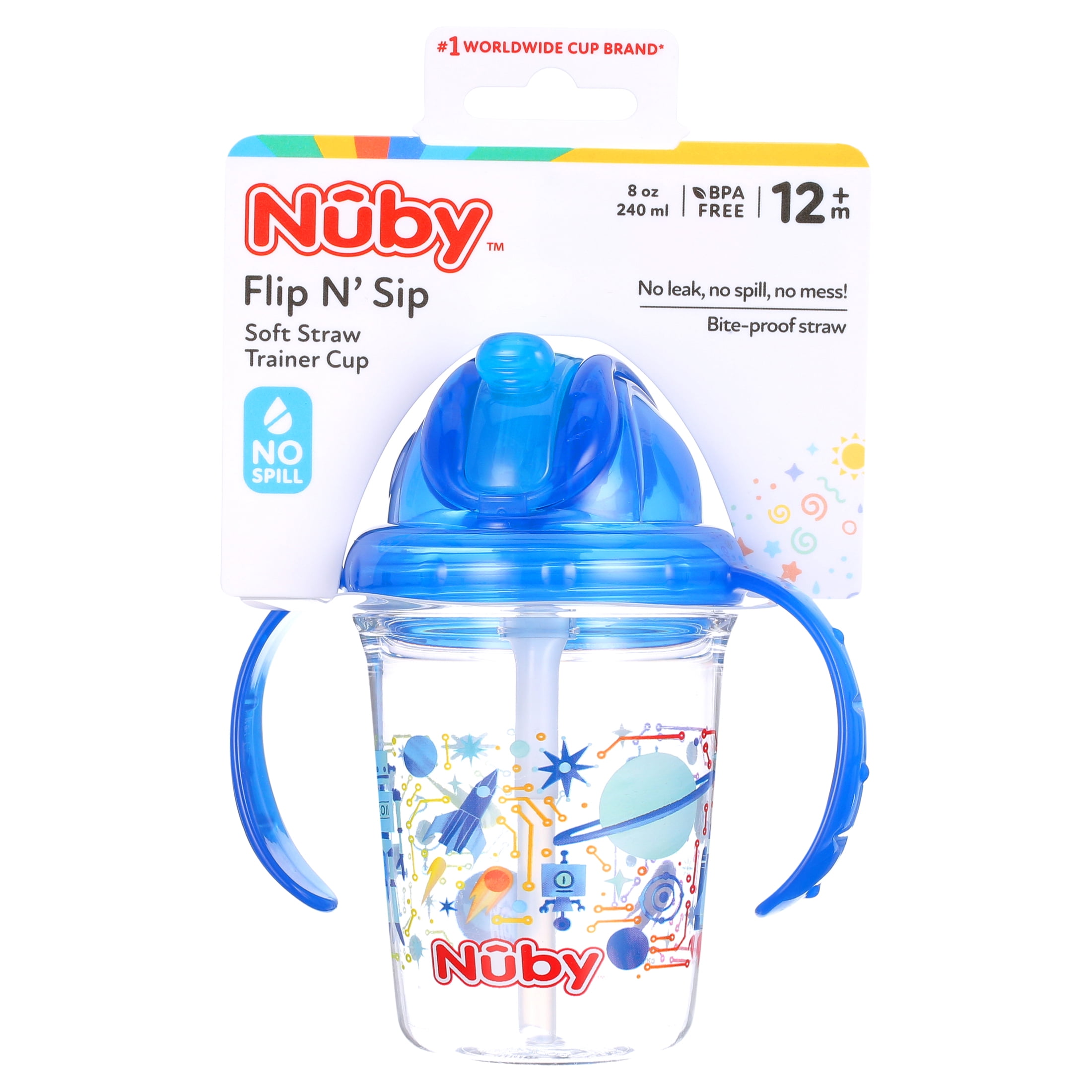 Nuby FlipNSip Silicone Straw Cup with Handles, Blue