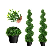 35.4 Inch Artificial Boxwood Spiral Topiary Trees, Set of 2, Decorative Faux Greenery Plants, Fake Twisted Trees with PE Leaves, All-Year Green in Cement-Filled Plastic Pot for Deck, Porch, Entryway