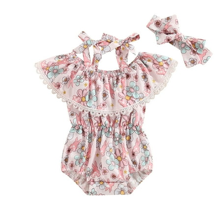 

Baby Girls 2Pcs Easter Outfits Sleeveless Bunny Floral Print Romper with Headband Set