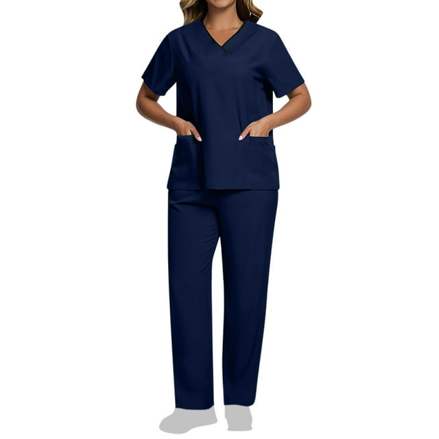Womens Scrub Set With 10 Pockets Modern Fit Lightweight Stretch V-Neck Top And Cargo Pant Color Block Nursing Uniform Set Navy