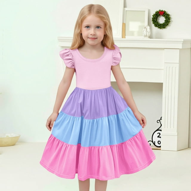 WENXIAOO Robe Fille Enfants Robe Décontractée Filles Manches à Volants à Étages Évasée Ligne A Robe d'Anniversaire Fille Robe Princesse 12-13 Ans