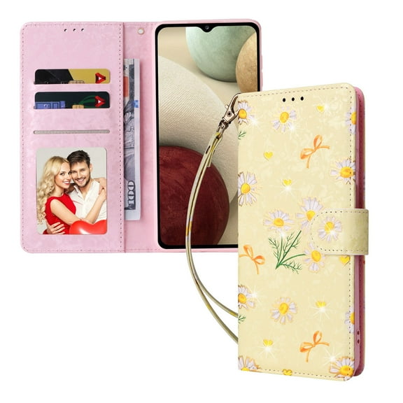 Mantto for Samsung Galaxy A12 Flower Pattern Leather Wallet Case with Magnetic Clasp Stand and Bank Card Slots Wrist Strap Protective Flip Phone Cover for Samsung Galaxy A12, D