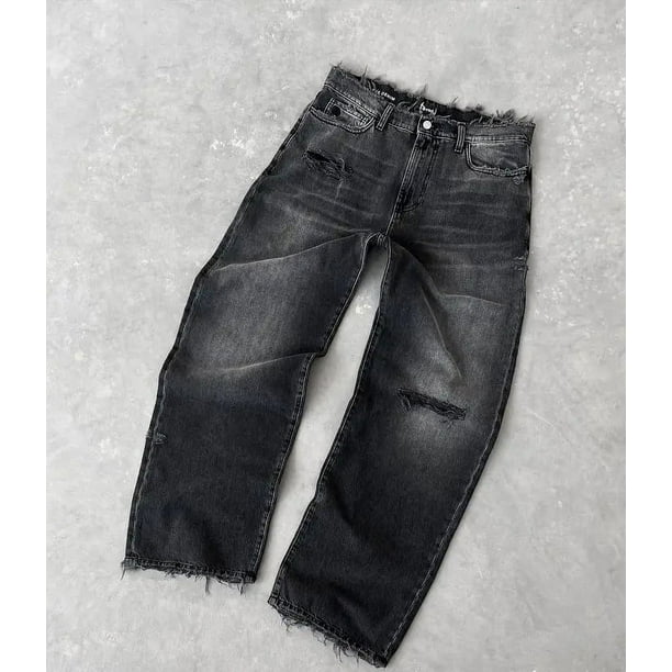 Pantalones vaqueros holgados para hombre, pantalones negros Retro desgastados de Hip Hop, pantalones de pierna ancha góticos Harajuku bordados de gran tamaño, ropa de calle, Y2k