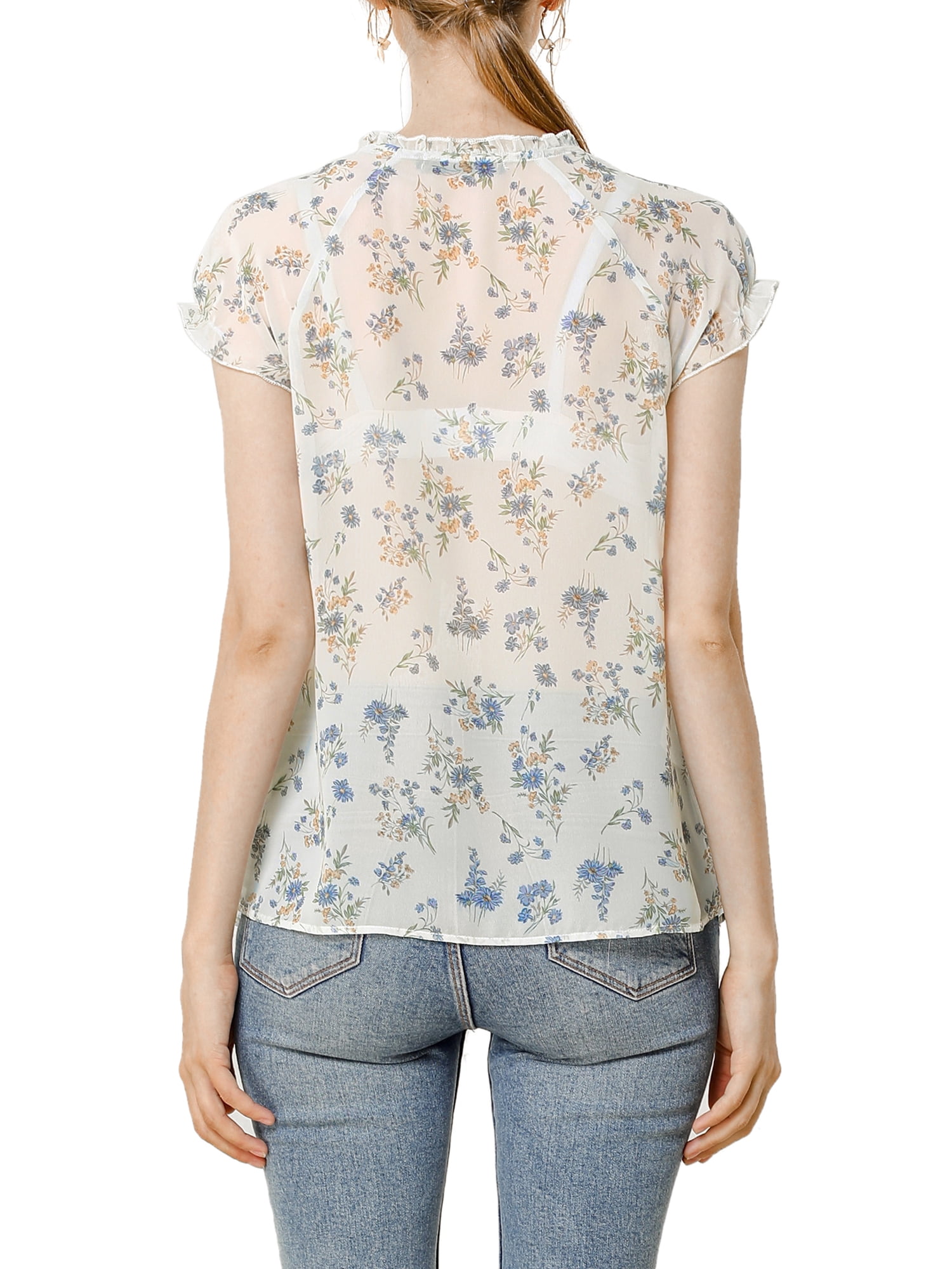 DARING DIVA Women's Ruffle V Neck Cap Sleeve Chiffon Floral Blouse Top XS White Purple