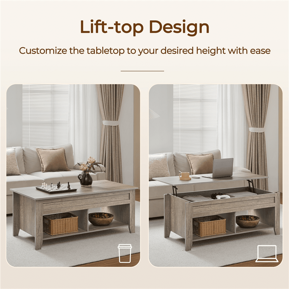 Alden Design 41" Wooden Lift Top Coffee Table with 2 Storage Compartments for Living Room, Rustic Gray
