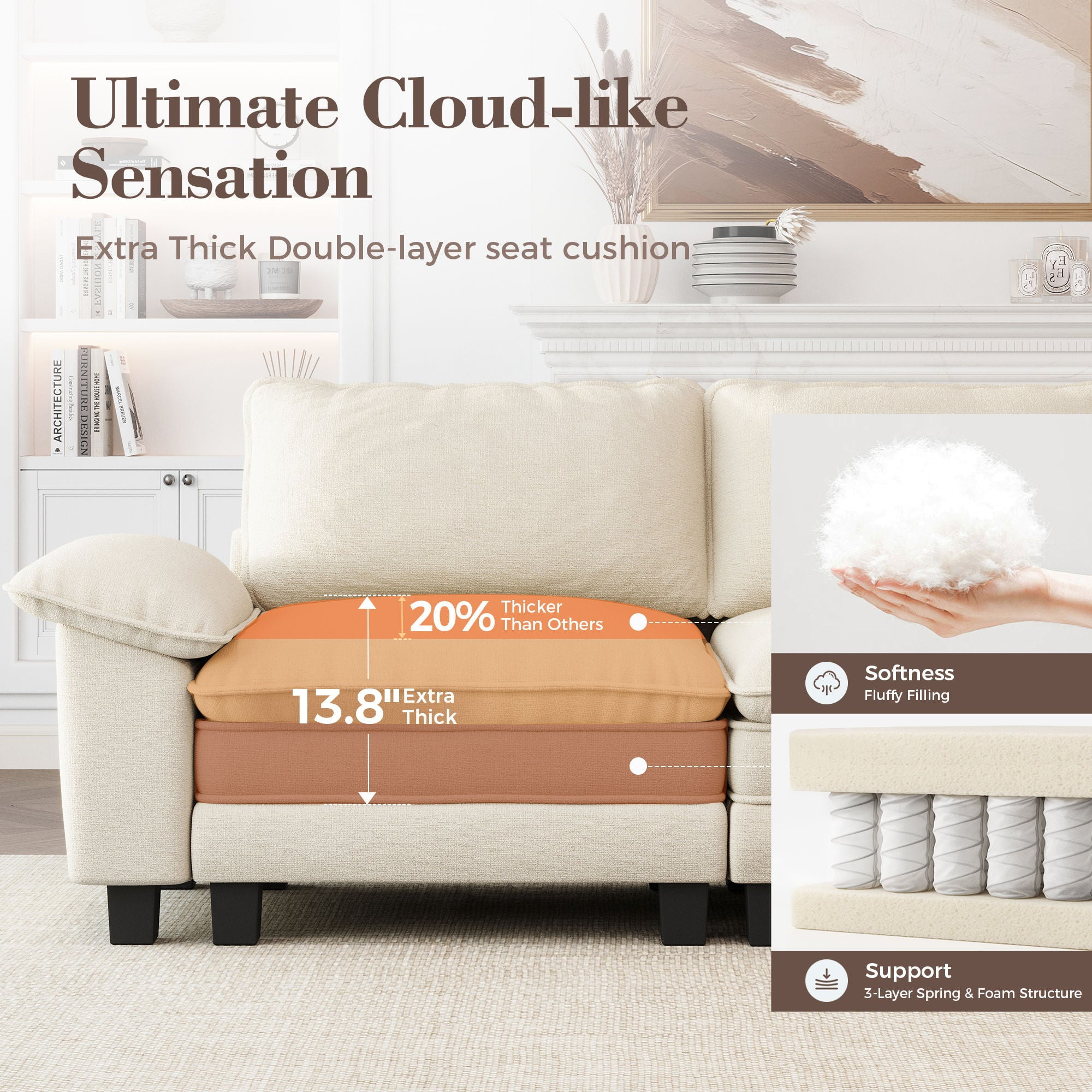 MF Studio Modular Cloud Couch Set, 4-Seater Oversized Loveseat Sofa Set with Removable Armrests, Comfy Chenille Fabric, White