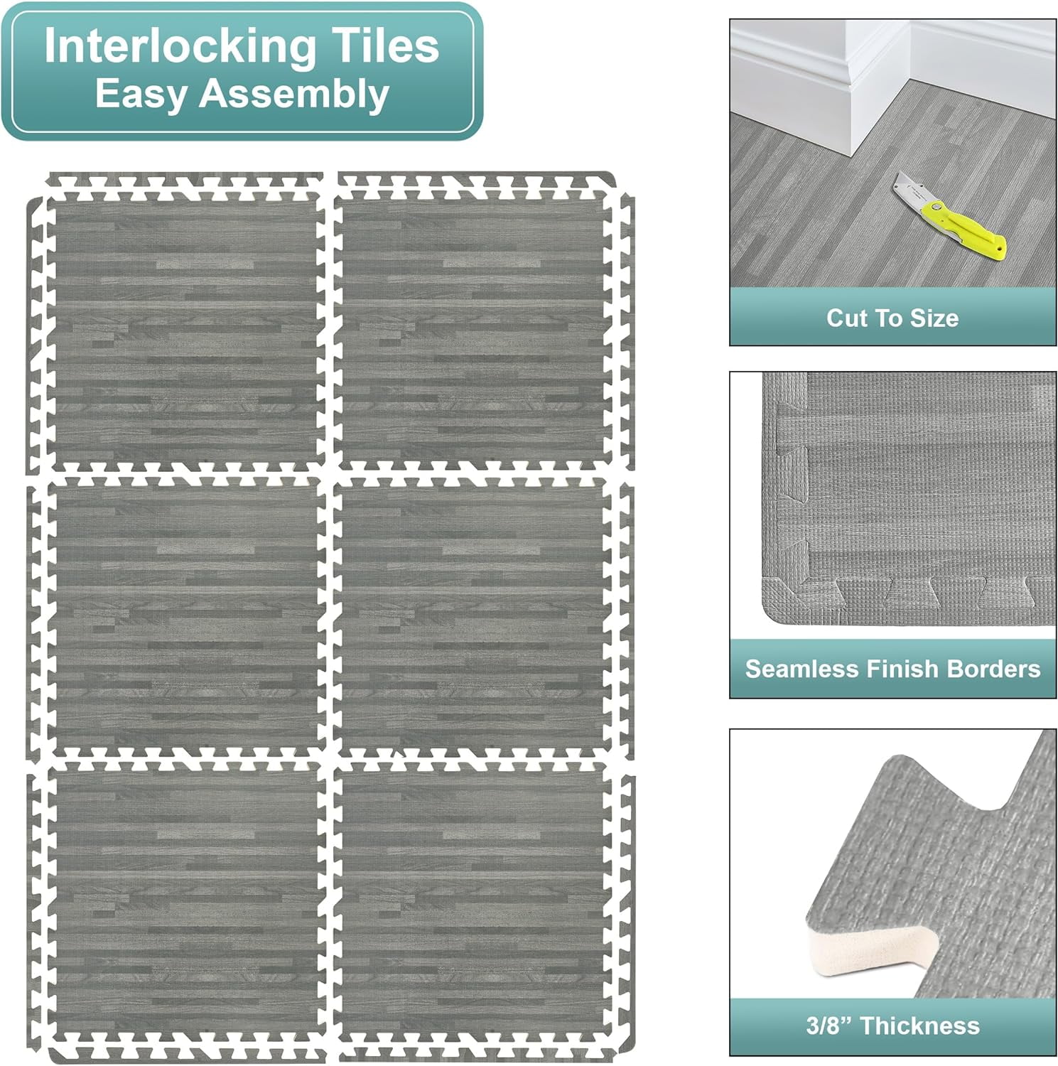 JessieMal Wood Grain Floor Tiles Foam Mat EVA Interlocking Mats Tile 3/8-Inch Thick Flooring Wood Puzzle Exercise Mats w/Borders - Home Playroom Basement, Apartment, Trade Show, Baby, Dance