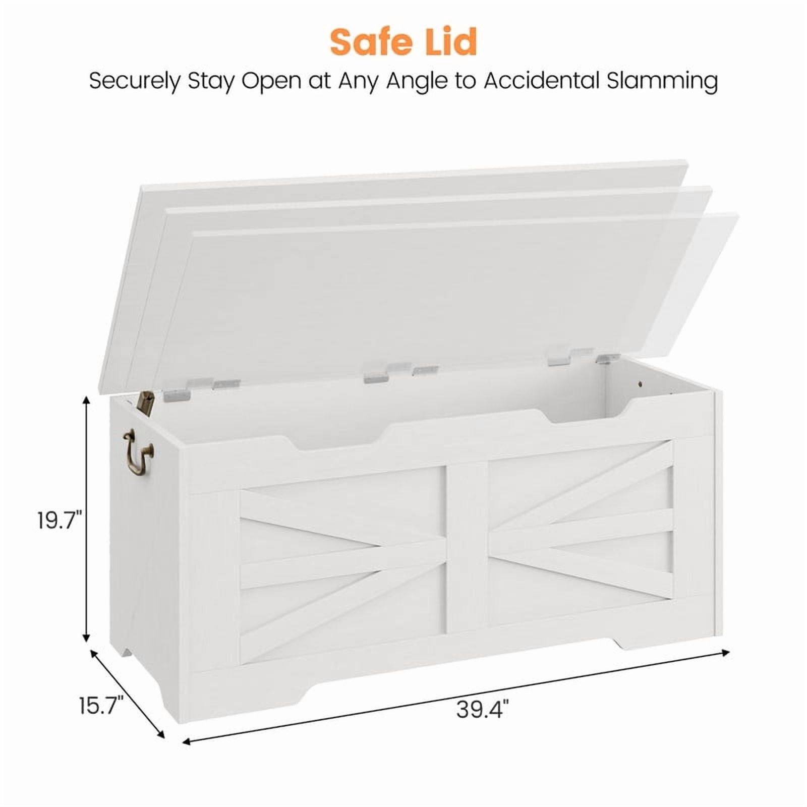 39.4" Storage Chest for Bedroom, Farmhouse Storage Trunk Toy Chest Box with Safety Hinge, Wooden Storage Bench for Living Room, Entryway, Supports 350 lbs, White