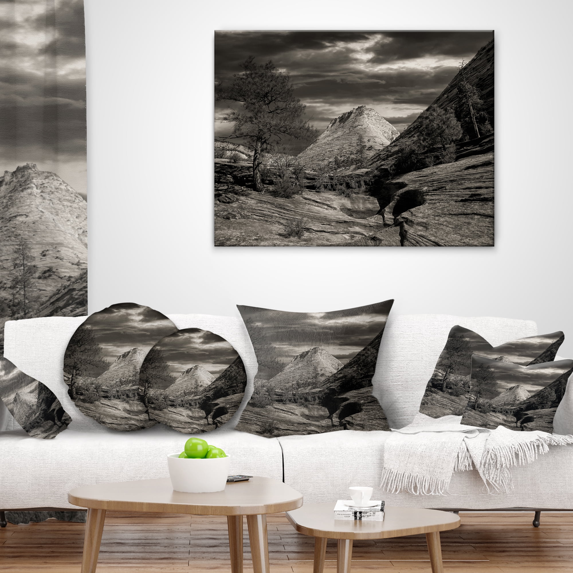 Designart Layers of Red Rock Black and White - Landscape Printed Throw Pillow - 16x16
